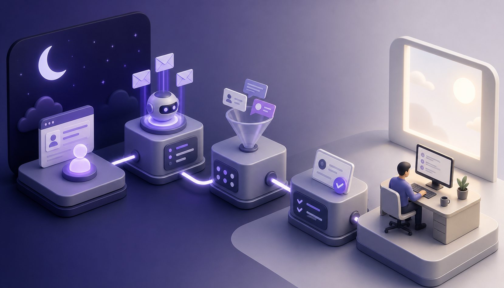 A SaaS lead handoff workflow showing automation at night and human review in the morning