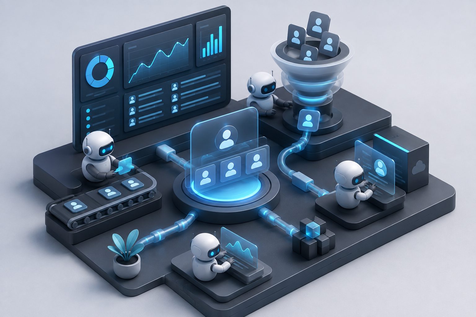 Dashboard showing ai agents for sales and marketing coordinating lead scoring, routing, nurture, and CRM updates