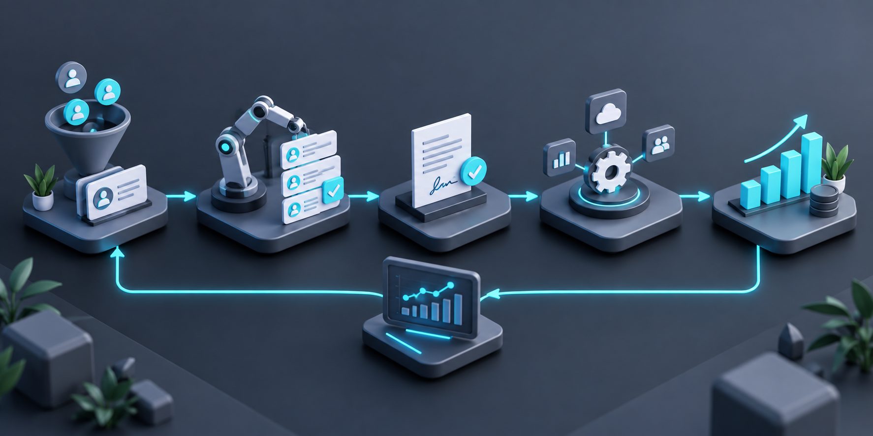 Table of the five core automation areas a RevOps platform should cover, with example workflows for each