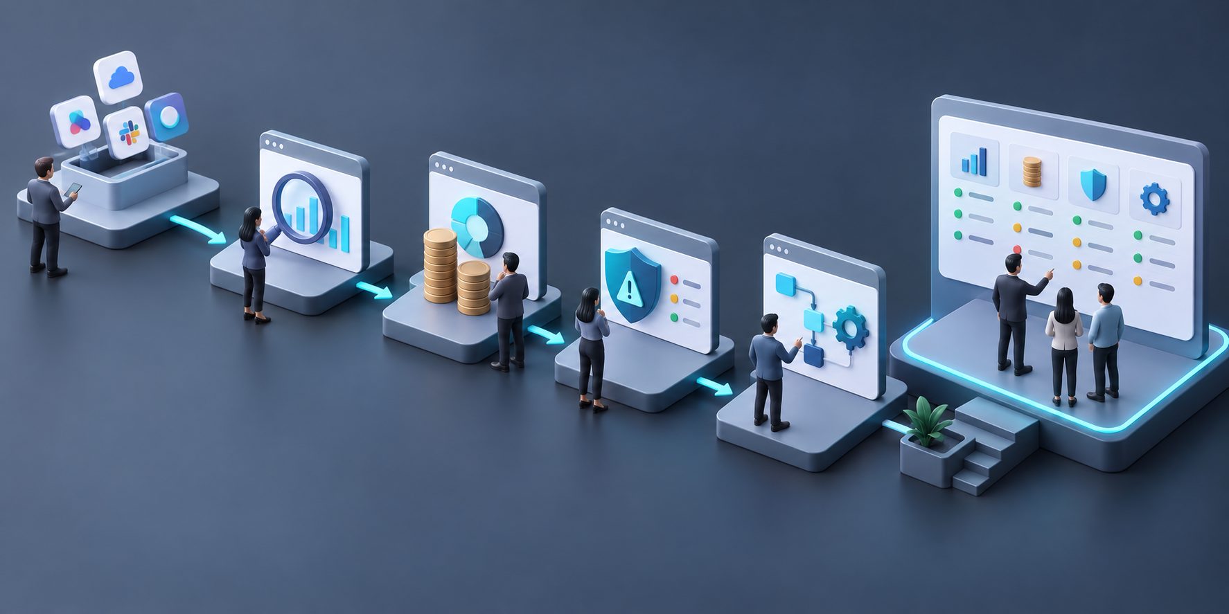 Mid-market SaaS vendor evaluation scorecard comparing visibility, spend, risk, and workflow