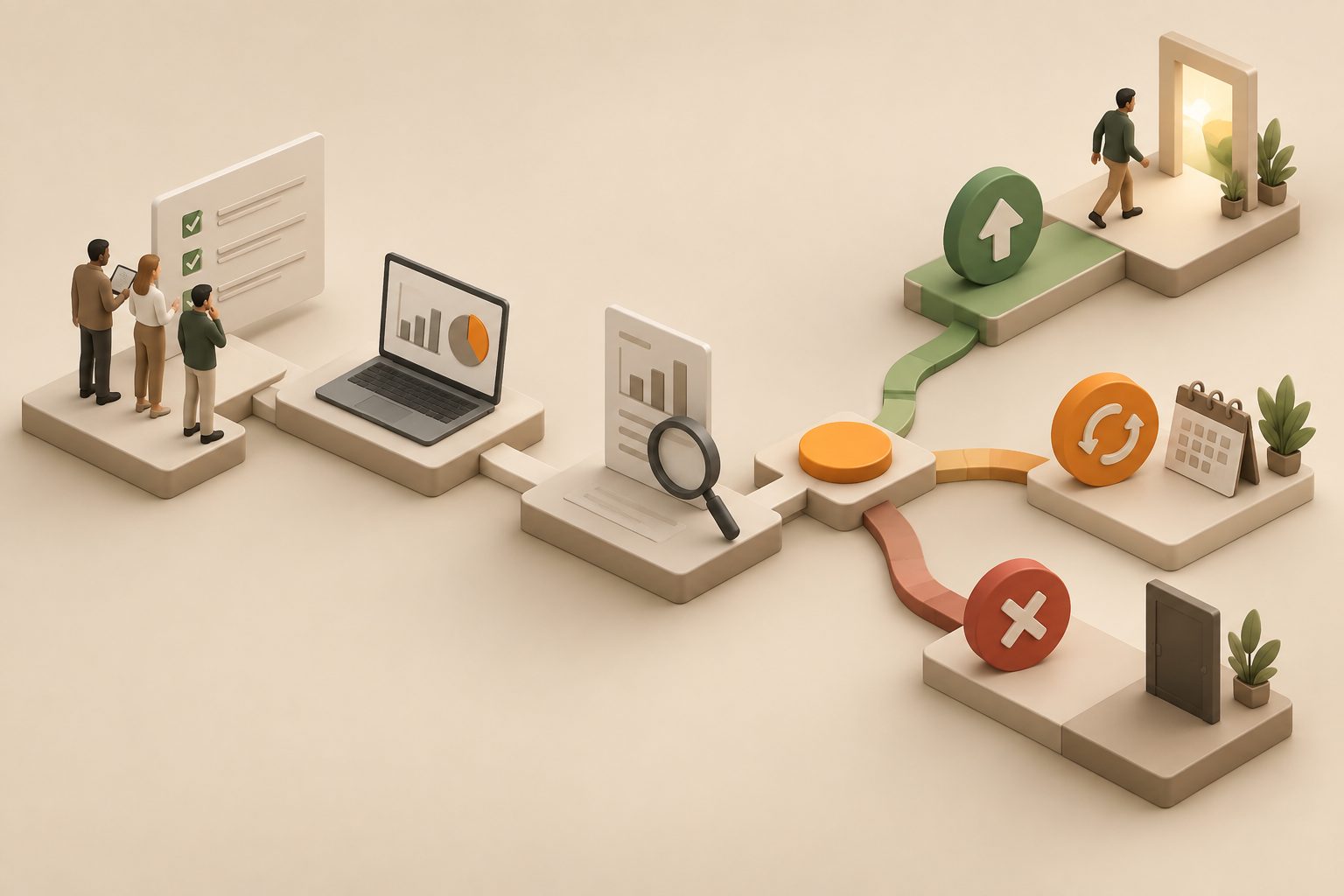 Enterprise software pilot exit workflow showing proceed, extend, and stop decisions