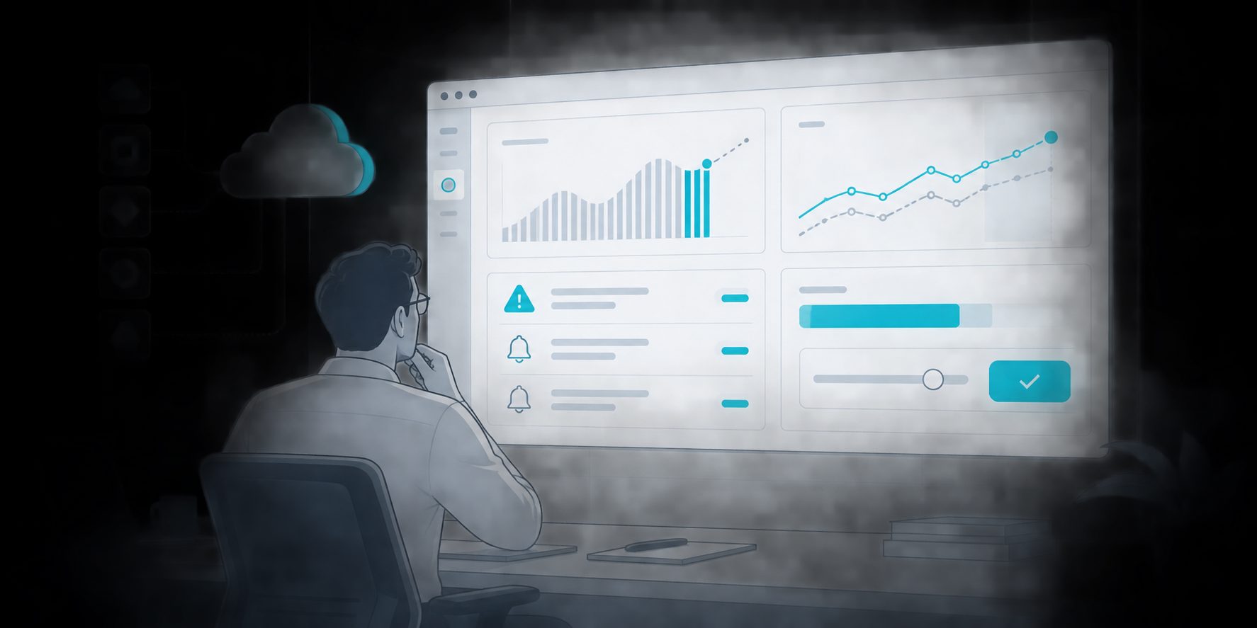SaaS consumption dashboard with utilization alerts, forecast variance, and overage approval controls