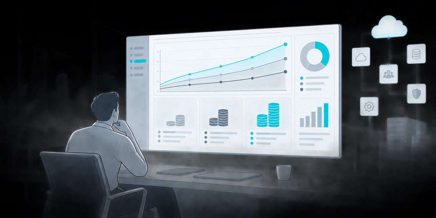 Enterprise SaaS TCO dashboard comparing base, low, and high cost scenarios